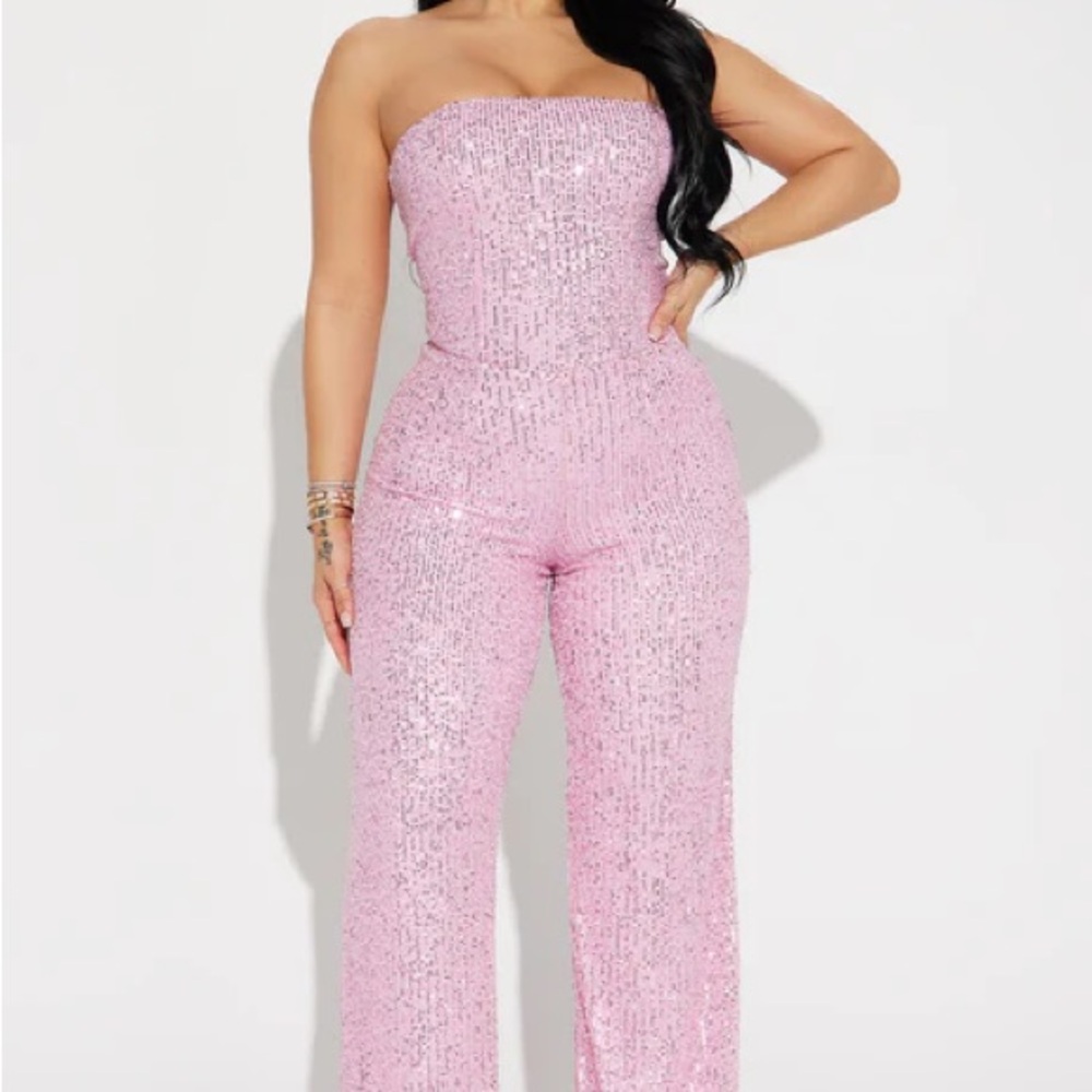 Strapless Pink Sequin Jumpsuit